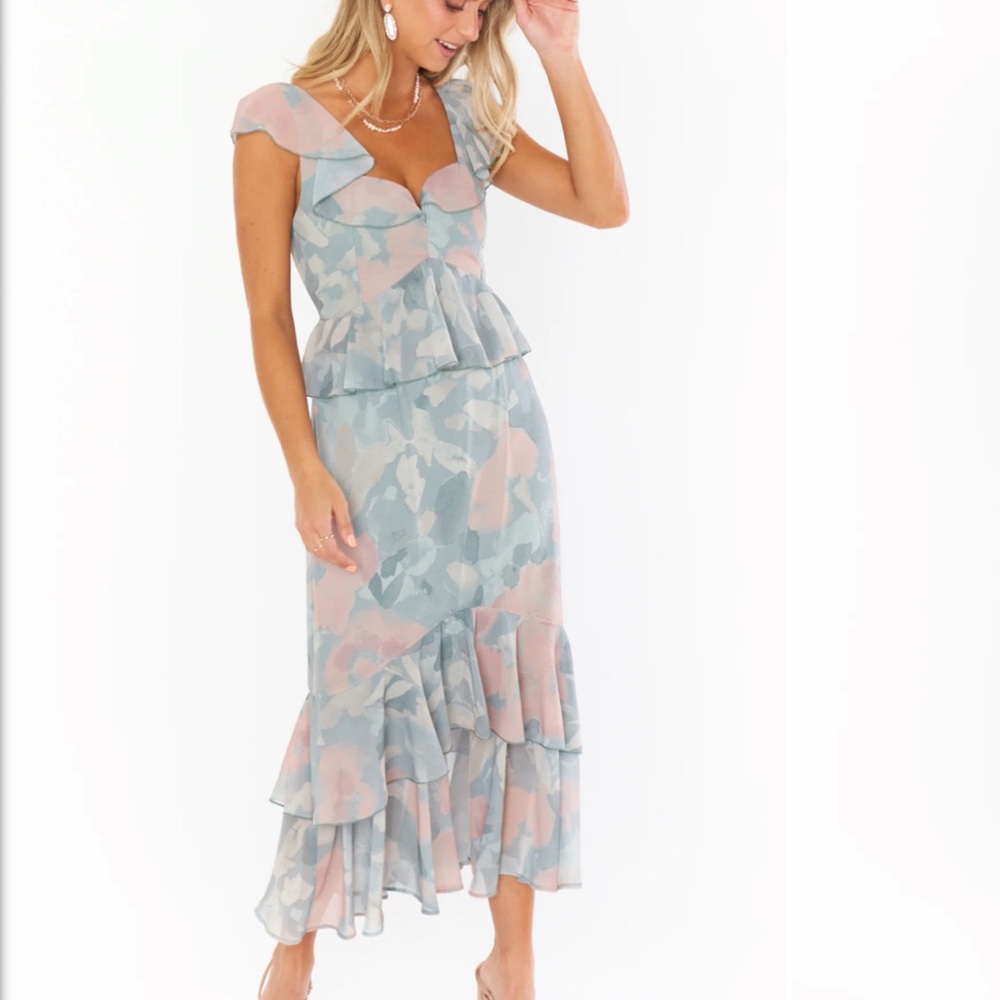 Show Me Your MuMu Reese Pastel Blue and Pink Ruffle Midi Dress